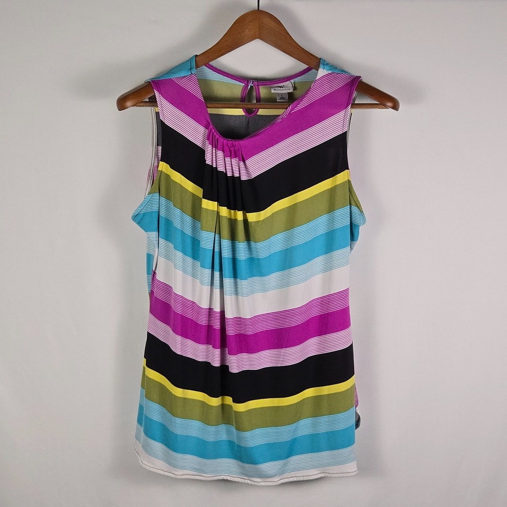 Worthington Womens Sleeveless Top L Pleated Neck Striped Dopamine Shell‎ Blouse